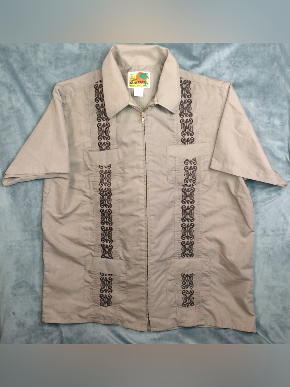 Haband Short-Sleeve Zip Shirt Jacket with Embroidered Panels - Beige